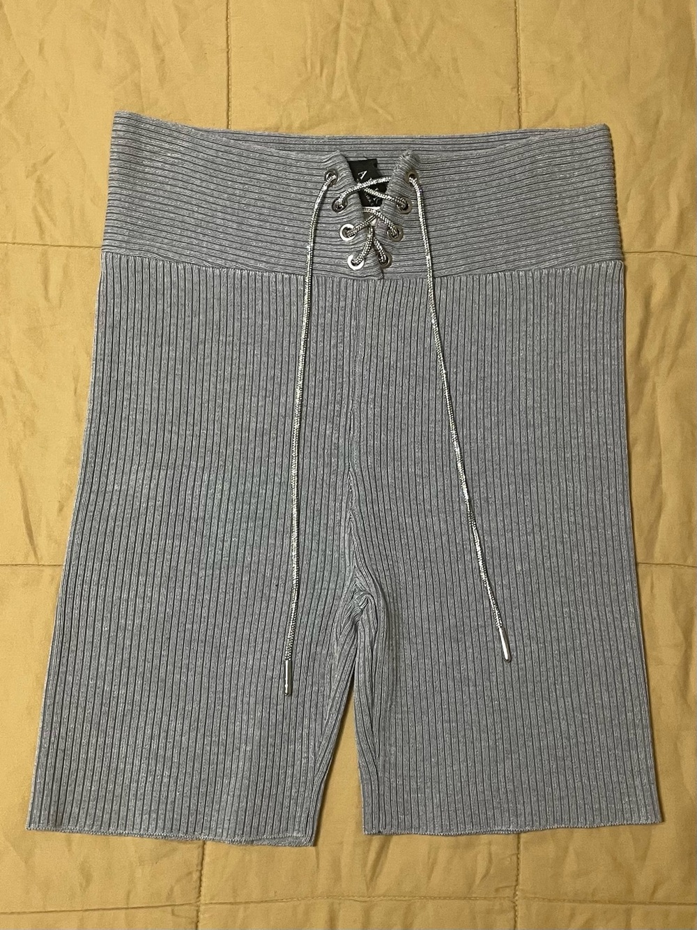 AKIRA Silver Ribbed Lace-Up High Waist Bike Shorts